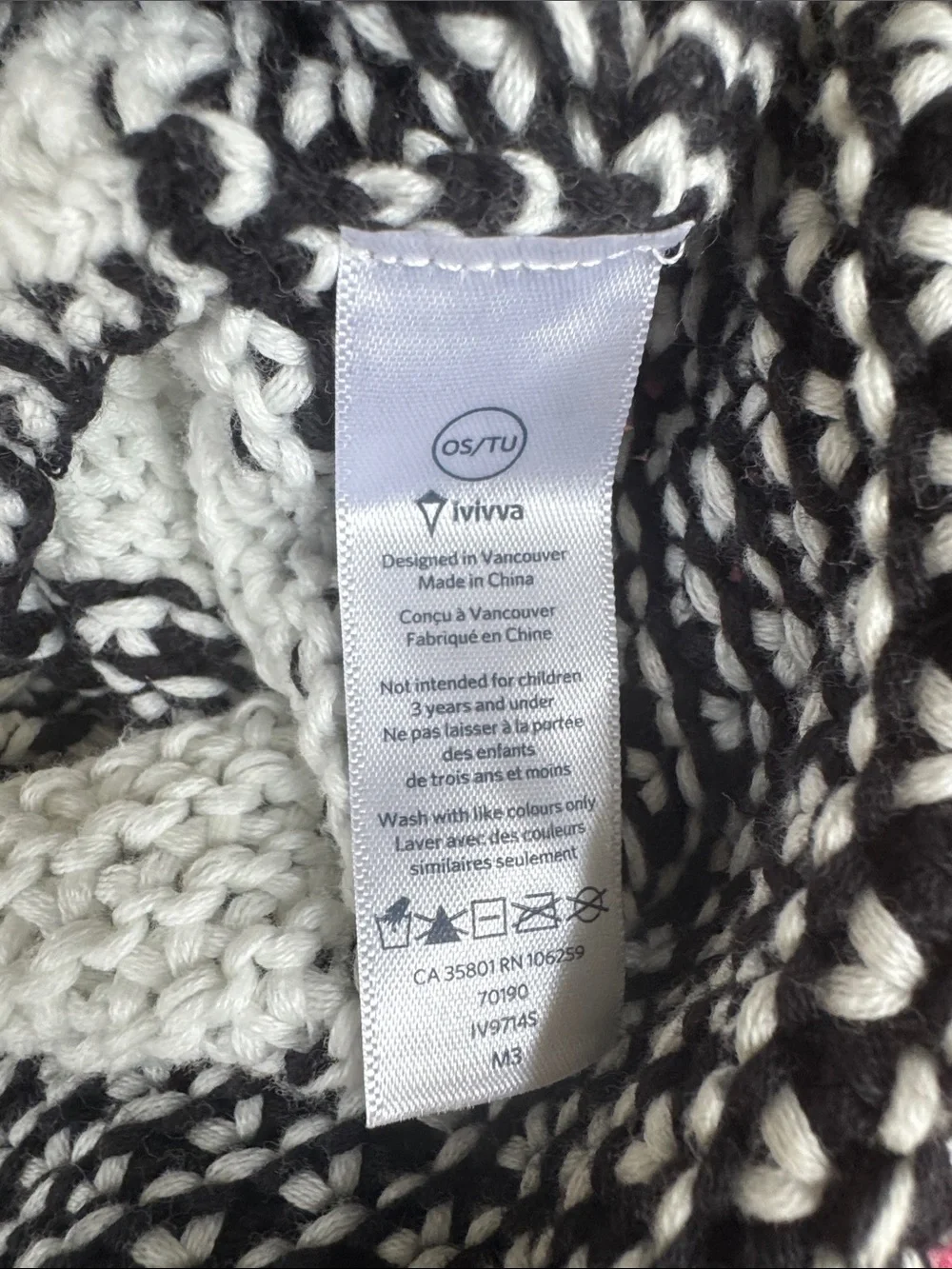 Ivivva Black & White Knit Beanie with Pink Pom Pom
